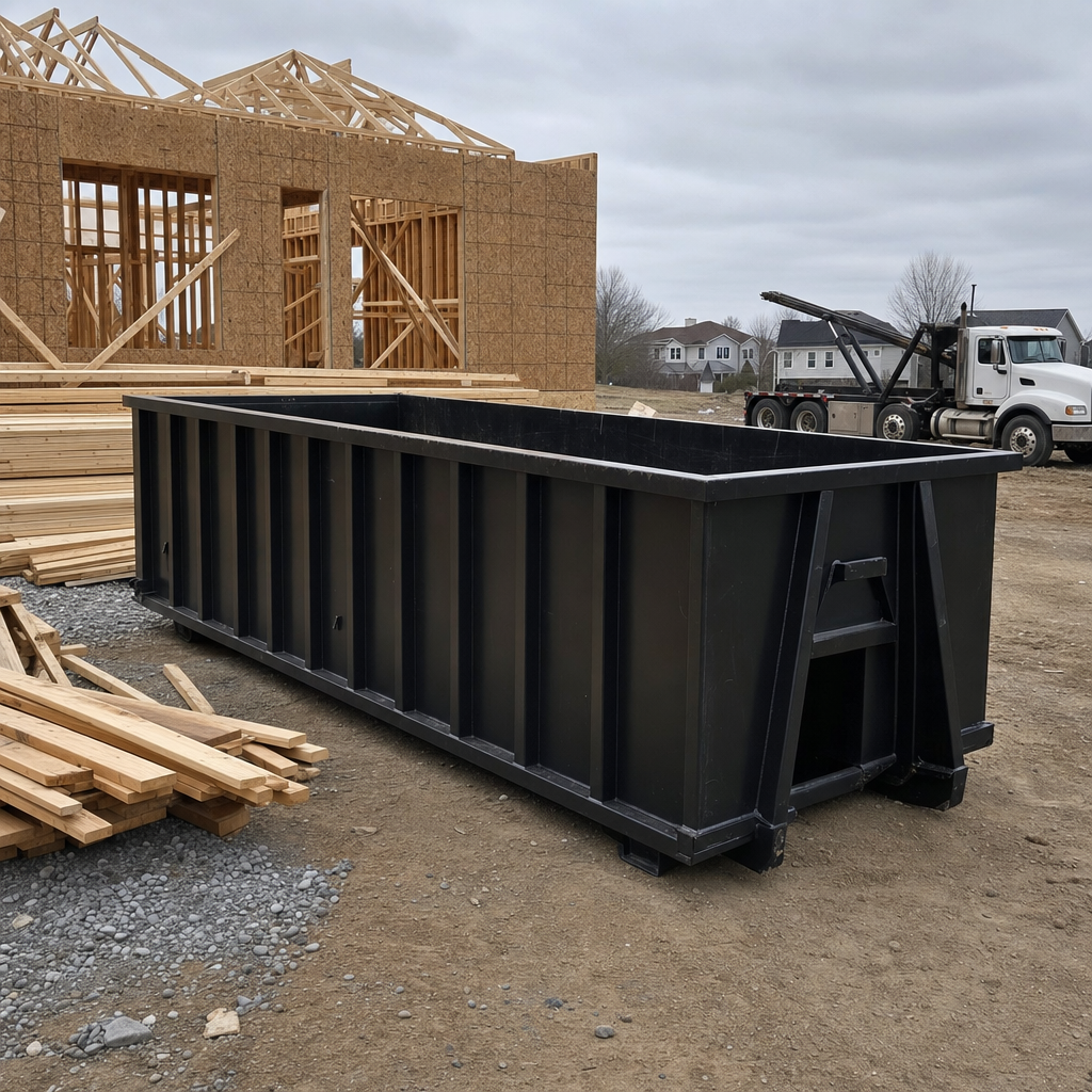 Matte-black 40-yard roll-off dumpster staged on a framed-out residential construction site in Plainfield, framing lumber stacked nearby, hooklift delivery truck visible in the background under bright Colorado daylight