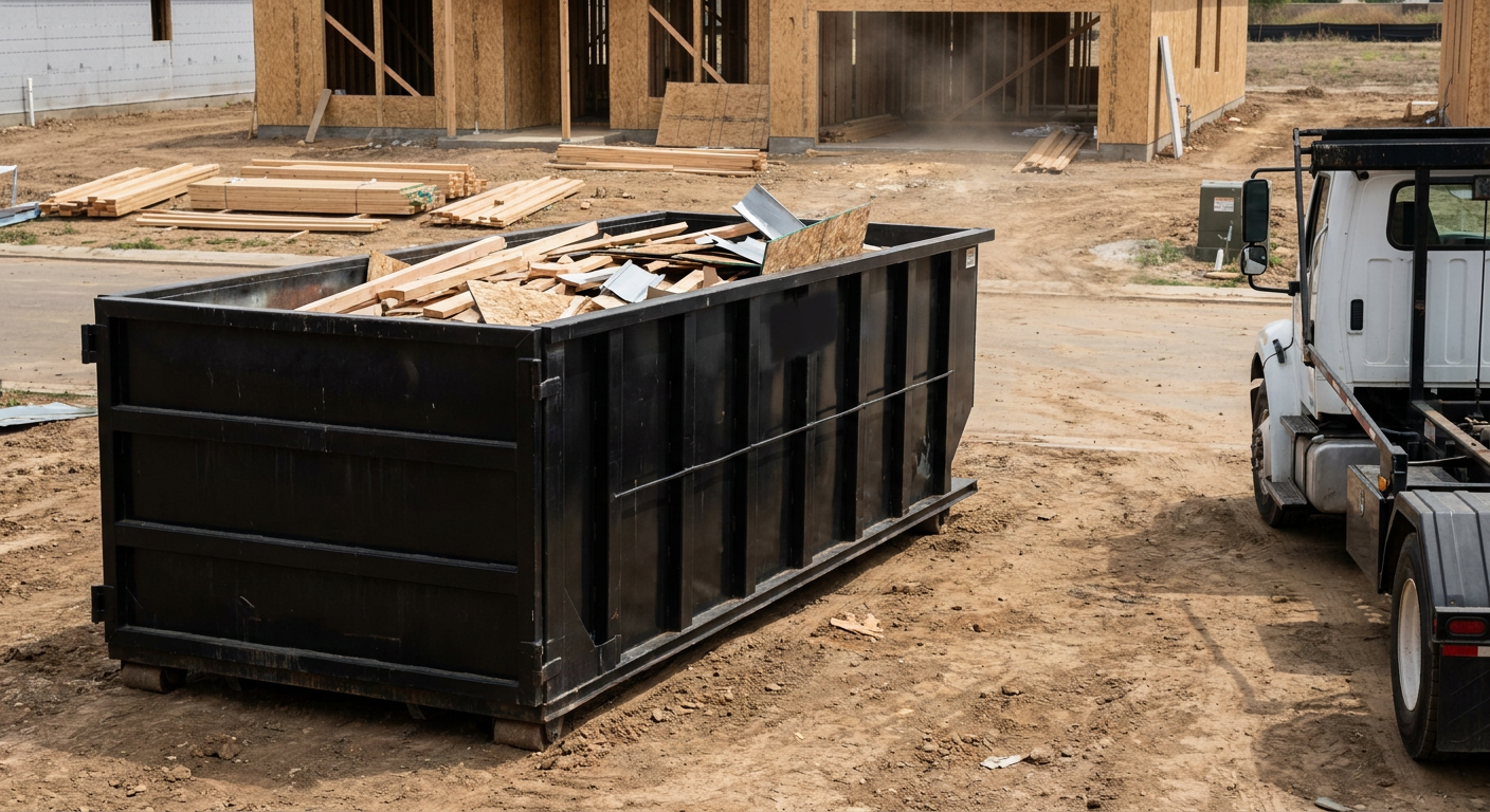 Matte-black 20-yard roll-off construction dumpster with heavy ribbed steel sidewalls and swing rear doors at a working jobsite in Plainfield, sitting directly on compacted dirt with an unmarked white hauler partially visible at the far edge of the frame.