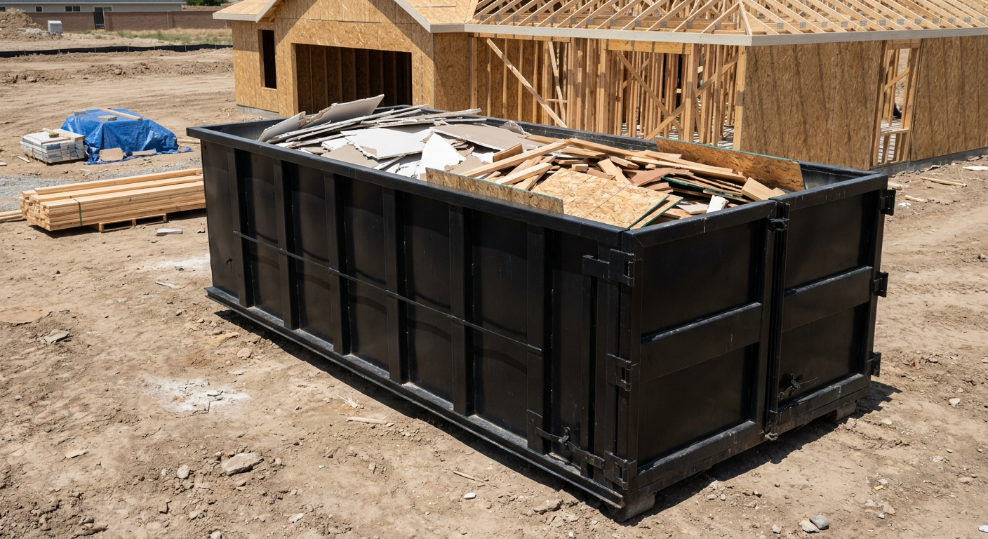 Matte-black 30-yard roll-off construction dumpster sitting directly on the compacted-dirt site of a framed single-family home build in Plainfield, drywall and lumber scrap loaded inside.