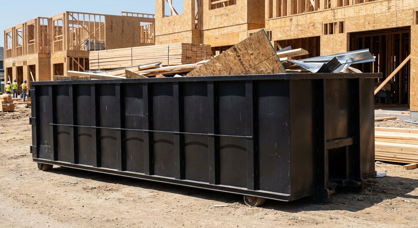 Matte-black 40-yard roll-off construction dumpster being lowered from a white-cab hooklift delivery truck onto the compacted-dirt jobsite at a commercial build site in Plainfield
