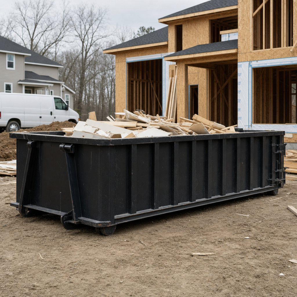 Worker in a yellow high-visibility vest tossing framing lumber and broken drywall into a matte-black 30-yard construction roll-off dumpster on an active build site in Plainfield, bright daylight