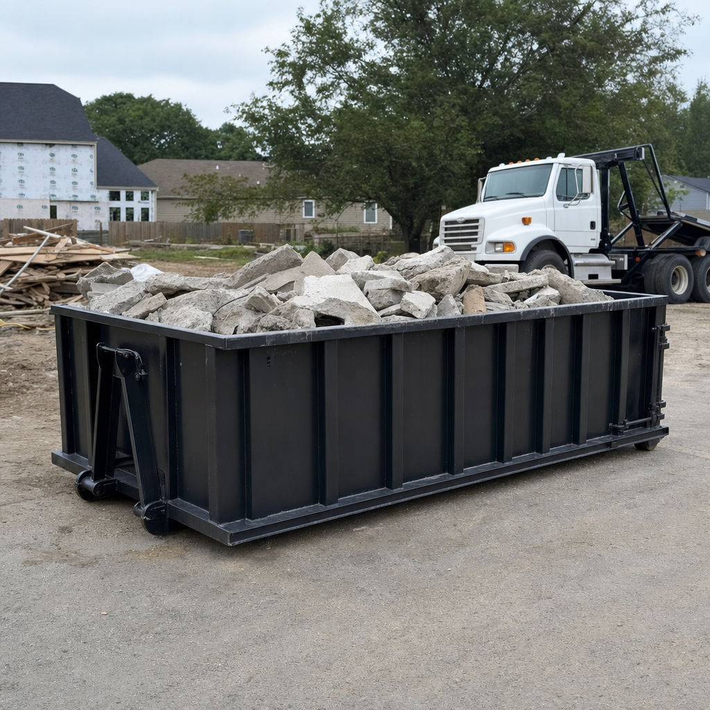 Low-profile matte-black lowboy roll-off dumpster loaded with broken concrete slab and rebar at a foundation tear-out in Plainfield, skid steer parked beside it, sunny Colorado morning