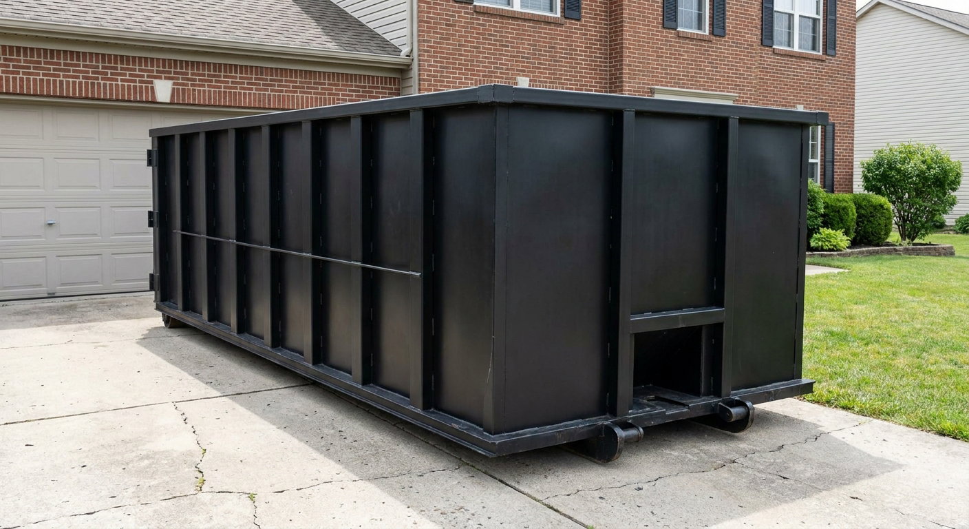 Matte-black 20-yard roll-off container on a Plainfield residential concrete driveway with reinforced ribbed steel sidewalls and a hinged rear walk-in door, clean bright daylight.