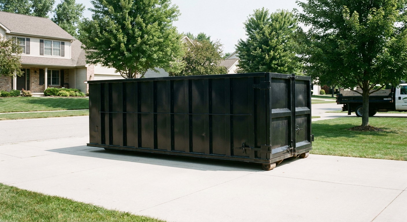 Matte-black 20-yard roll-off dumpster sitting level on a clean Plainfield residential concrete driveway under bright daylight, demonstrating clean placement directly on the concrete.
