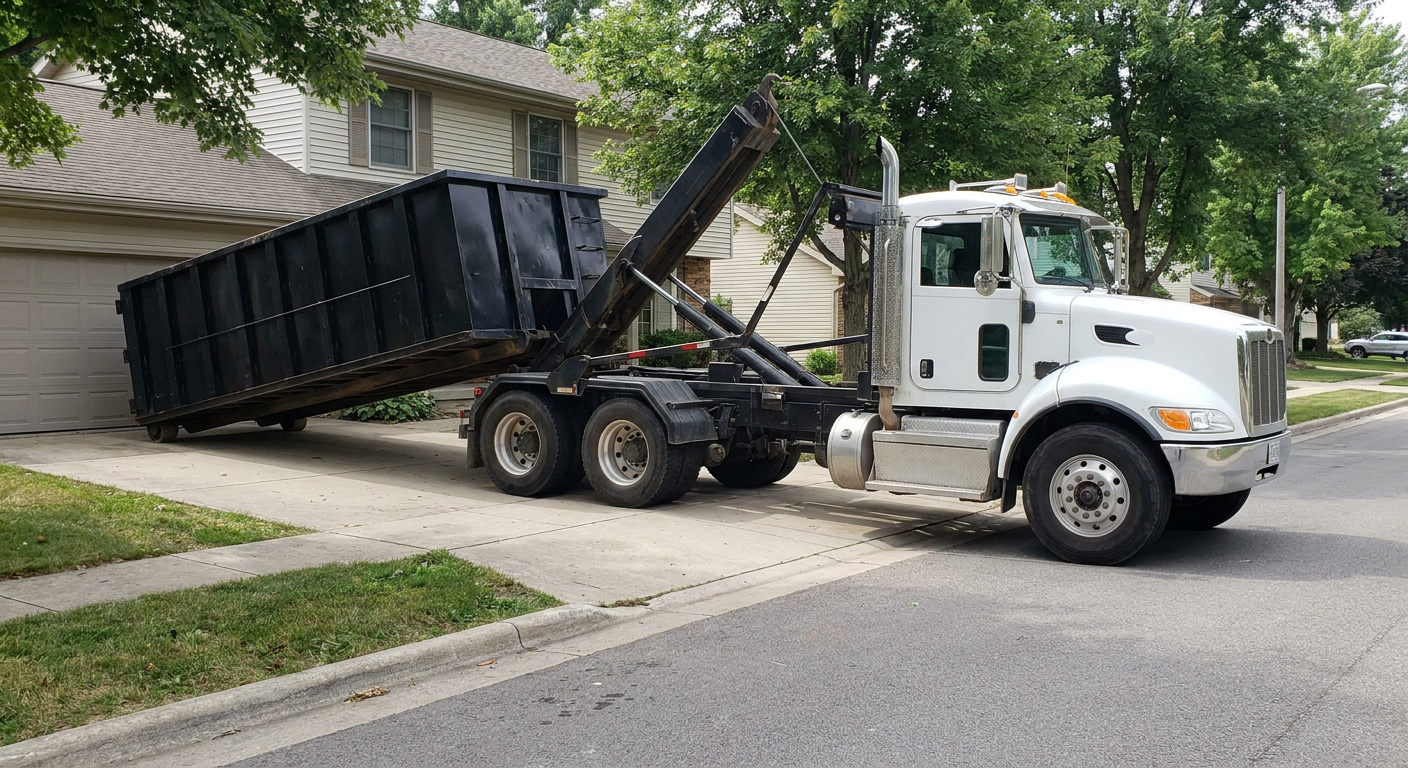 White-cab hooklift roll-off truck actively lowering a matte-black dumpster onto a Plainfield residential concrete driveway, the dumpster's rear wheels touching the driveway as the hoist arm tilts the bed forward, mid-morning daylight.