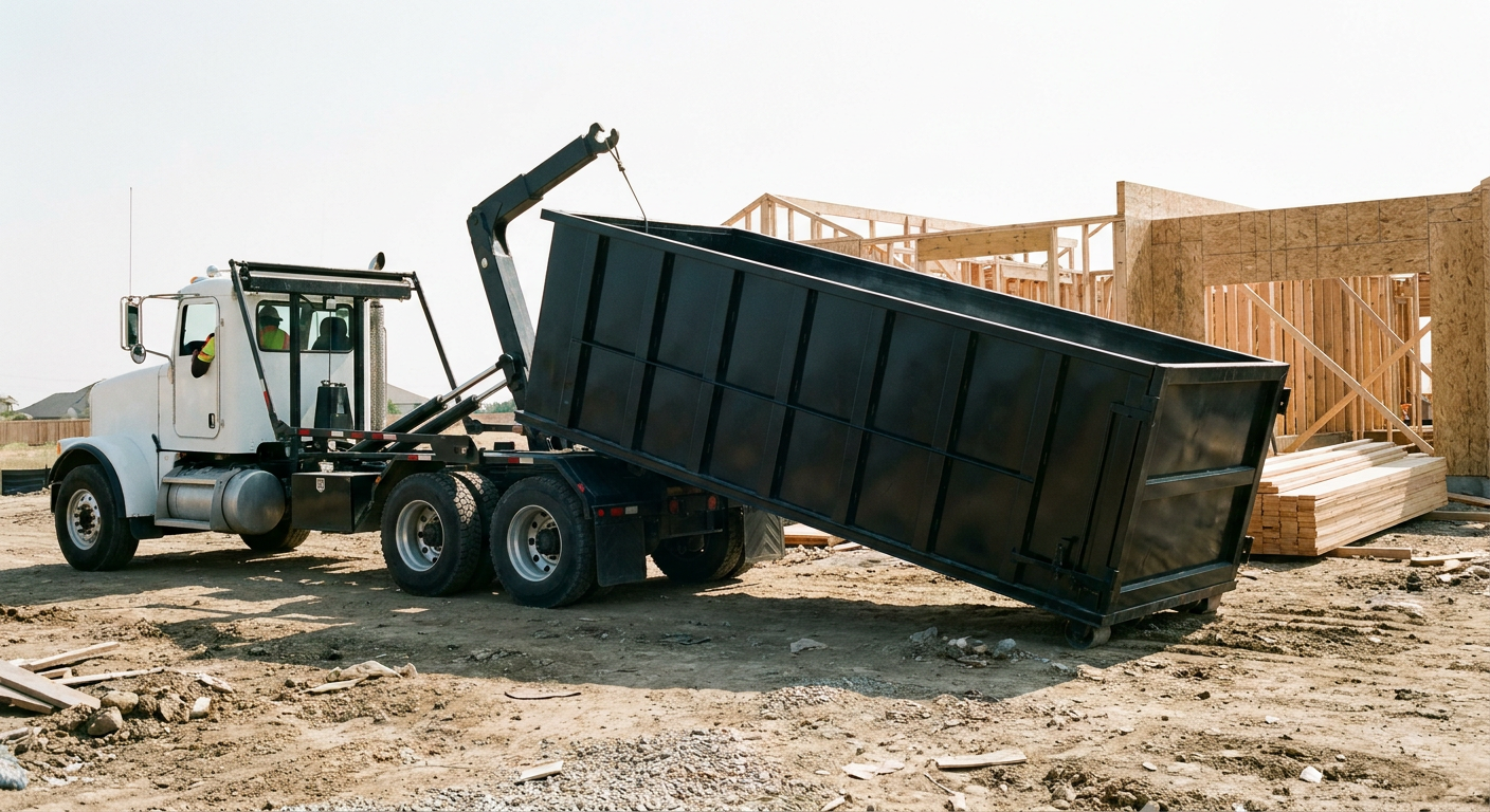 Matte-black roll-off dumpster being delivered onto a clean residential concrete driveway in Plainfield by an unmarked white hooklift hauler truck, bright morning daylight, documentary 35mm perspective.