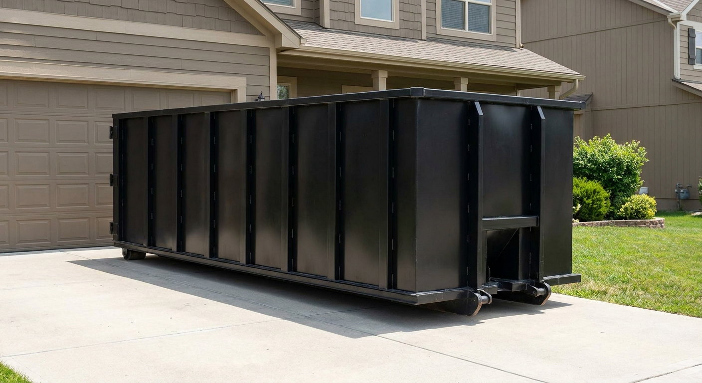 Matte-black residential roll-off dumpster sitting directly on a suburban Plainfield concrete driveway, garage door closed, single-family home in background, bright morning daylight.