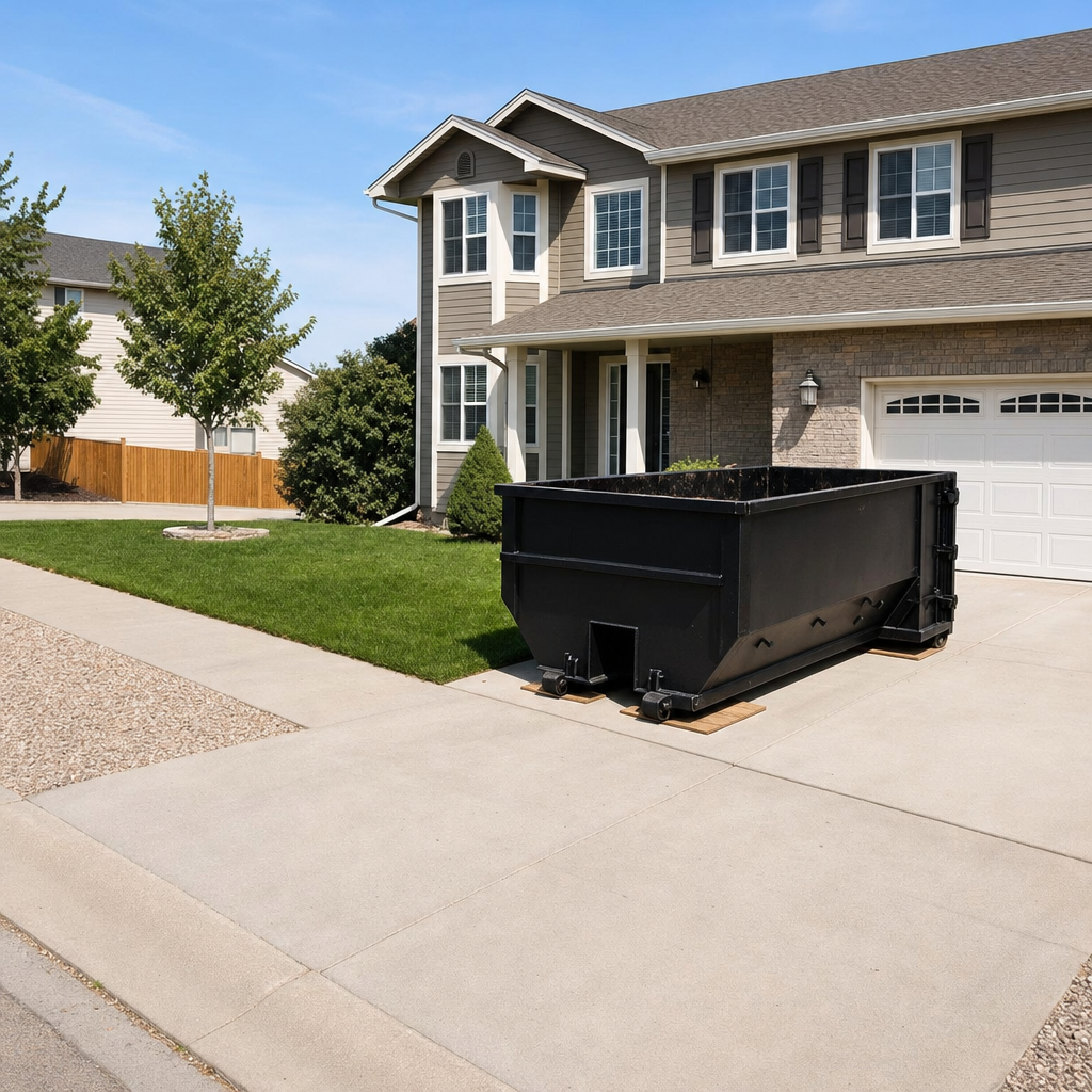 10-yard matte-black residential dumpster placed directly on a narrow Plainfield concrete driveway, room remains for a parked sedan beside it, mid-morning natural light