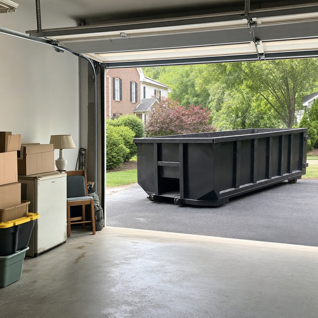 Open garage interior in a Plainfield home mid-cleanout — boxed items, an old appliance, and stacked yard tools queued near the driveway for a matte-black roll-off dumpster, organized and calm