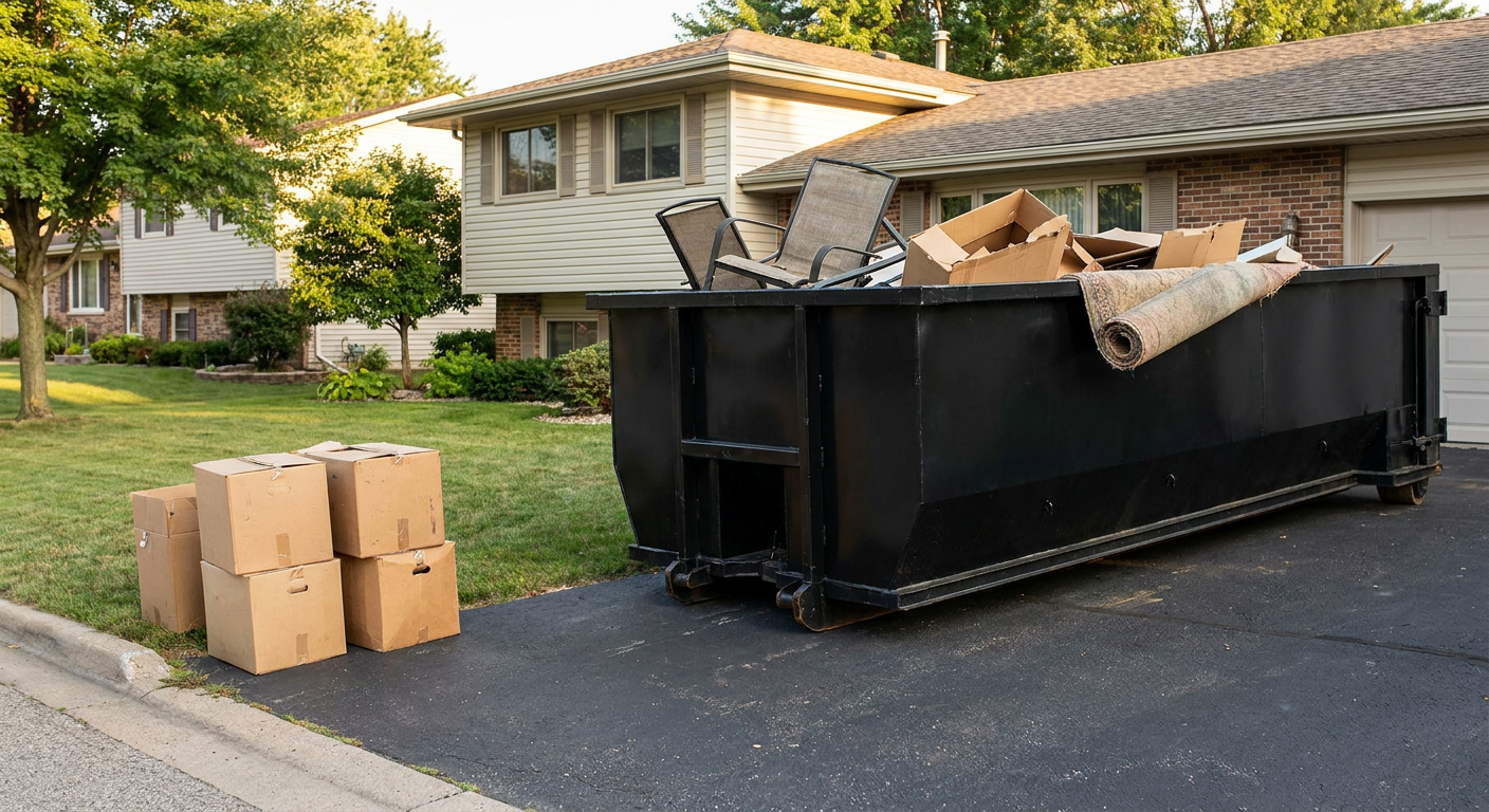 Front-yard view of a Plainfield split-level home with a 20-yard matte-black roll-off dumpster sitting directly on the asphalt driveway, a few clearly labeled donation boxes staged at the curb, calm sunny afternoon.