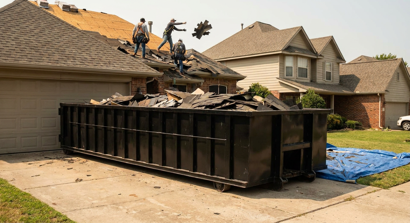 Matte-black roofing roll-off dumpster placed directly on a Plainfield residential concrete driveway, a tear-off crew on a two-story asphalt-shingle roof tossing shingle bundles into the low-walled container, bright daylight, documentary 35mm perspective.