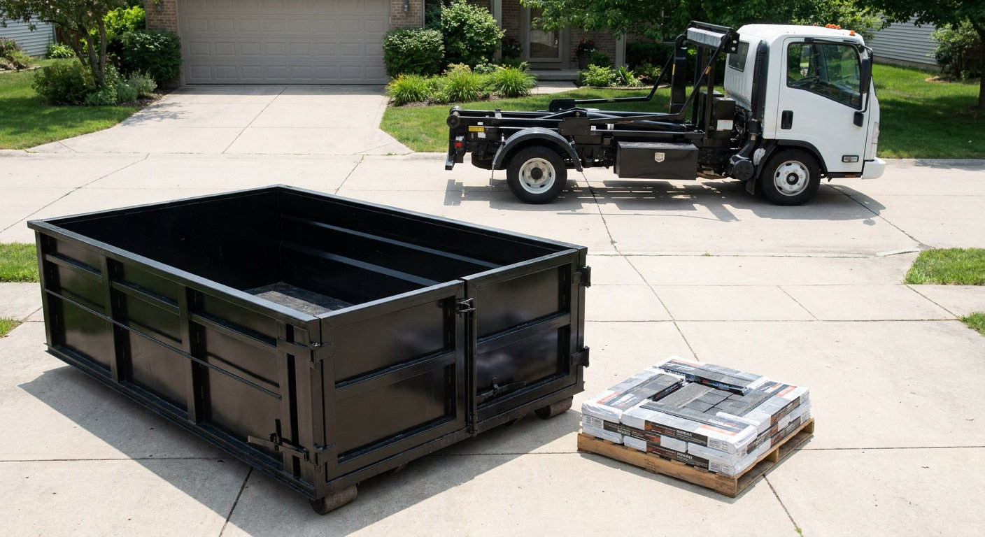 Matte-black 15-yard roofing roll-off dumpster with reinforced low side walls sitting directly on a Plainfield residential concrete driveway, three-tab asphalt shingle bundles stacked nearby, an unmarked white hauler truck partially visible at the edge of the frame.