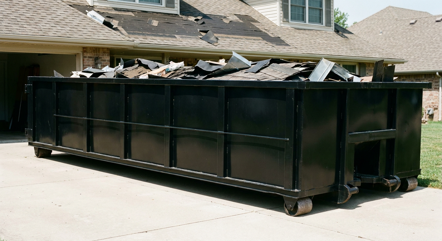 Matte-black 20-yard roofing roll-off dumpster with steel ribbed sides and swinging rear door, sitting directly on the concrete driveway of a two-story Plainfield home, asphalt shingle debris being loaded over the low wall, clean documentary lighting.