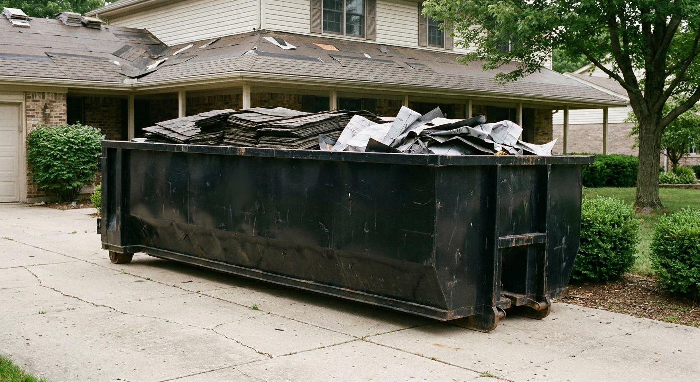 Matte-black 30-yard roofing roll-off dumpster sitting directly on a Plainfield concrete driveway, taller ribbed steel side panels, mixed tear-off debris of asphalt shingles and underlayment inside, professional documentary daylight.