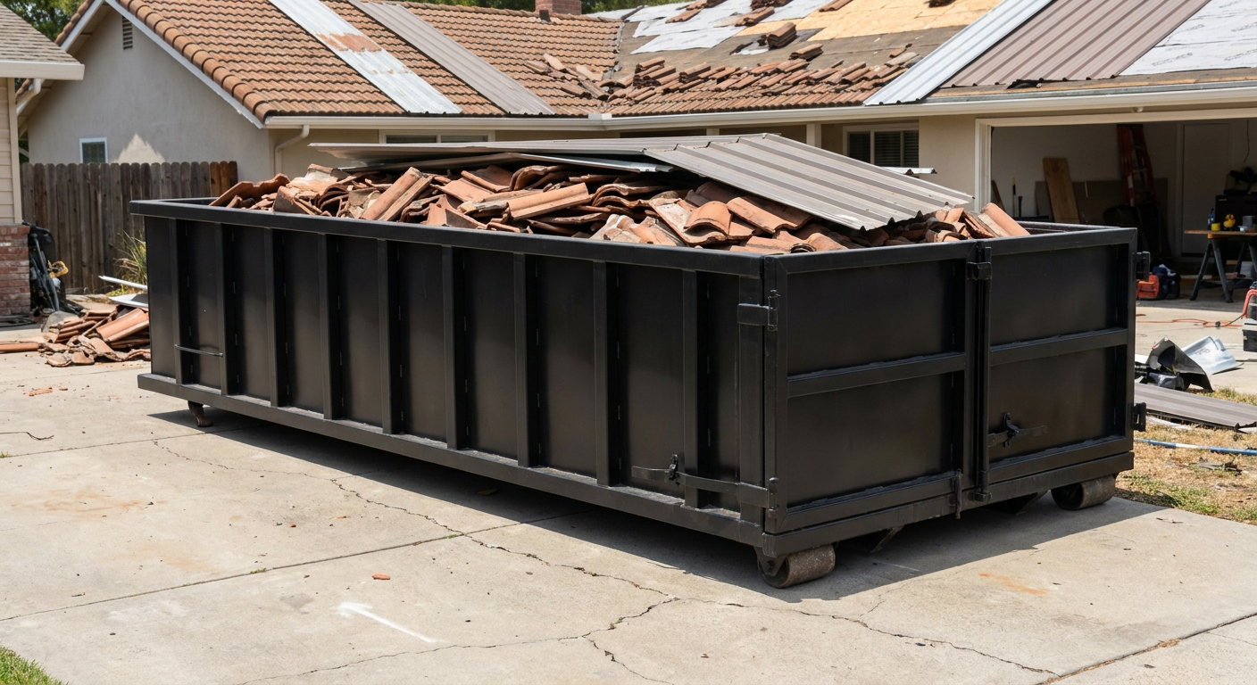 Matte-black low-wall heavy-debris roofing roll-off dumpster sitting directly on a Plainfield concrete driveway, broken concrete clay roof tiles and metal panel sections loaded inside, reinforced ribbed steel side walls visible, bright outdoor daylight.