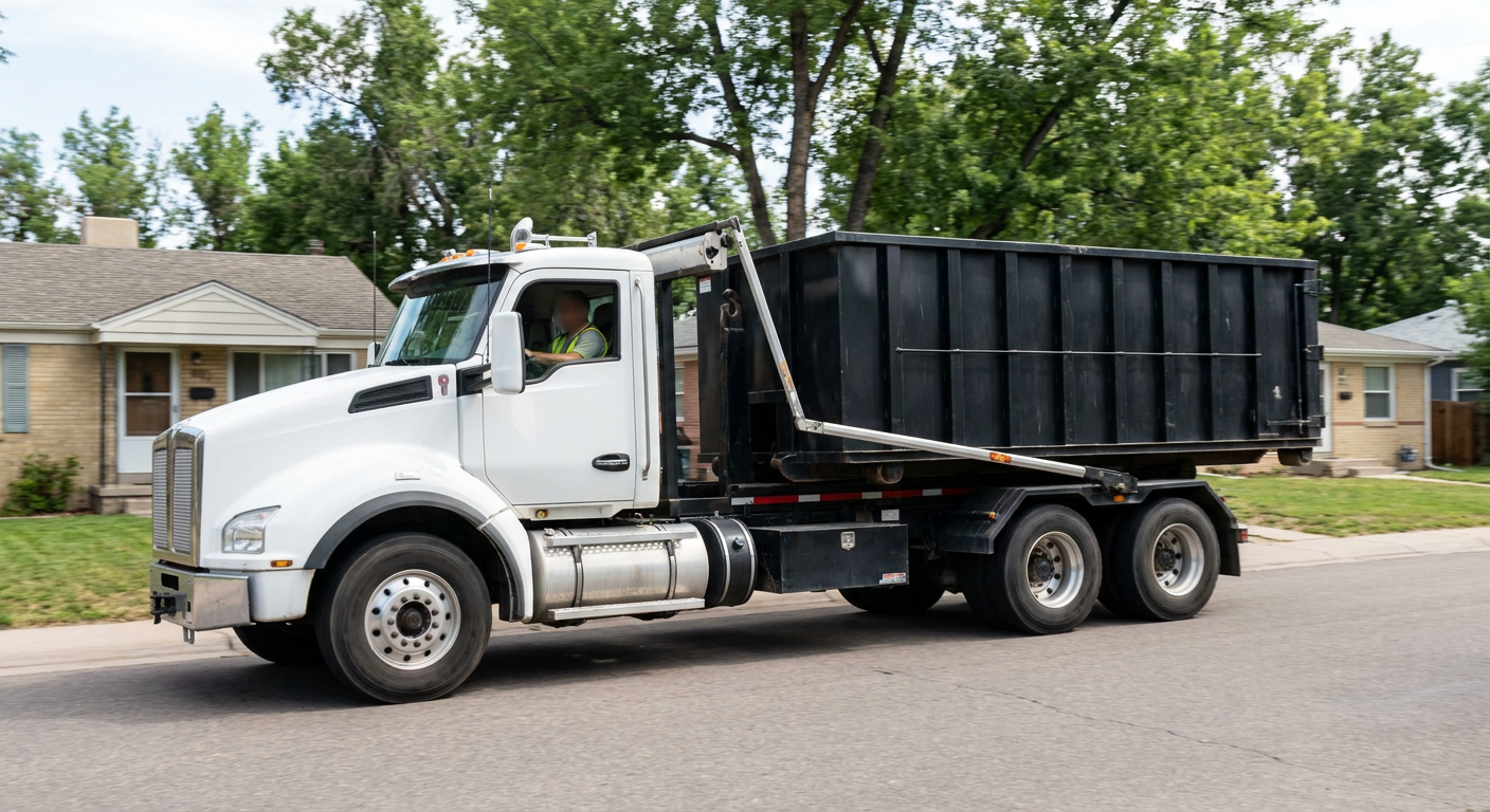 A wide documentary shot of a matte-black roll-off delivery truck pulling onto a quiet Plainfield residential street at mid-morning, with neighborhood rooftops and tree-lined blocks visible behind, showing the metro coverage footprint.