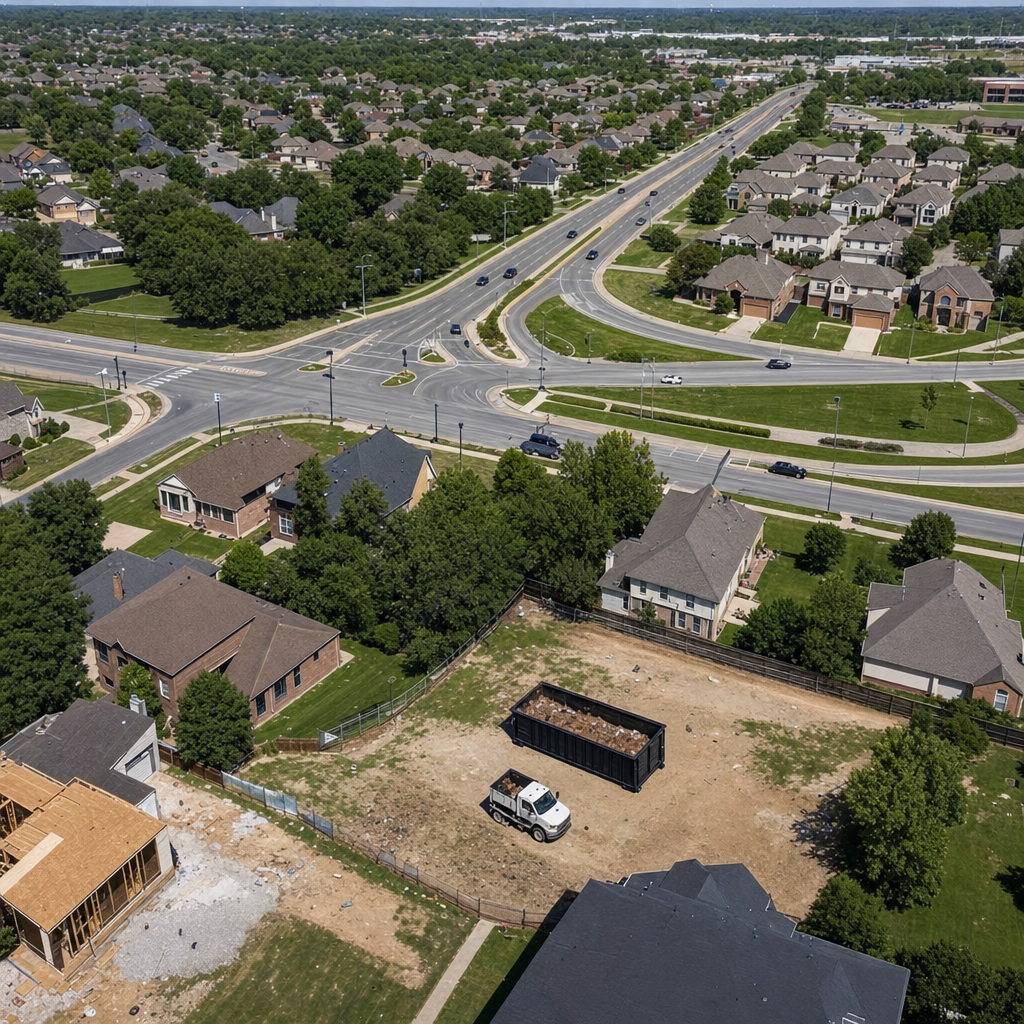 An overhead documentary view of the Plainfield metro area at midday, showing the spread of neighborhoods, arterial roads, and the dispatch radius from a central yard — clean daylight, organized geographic layout.