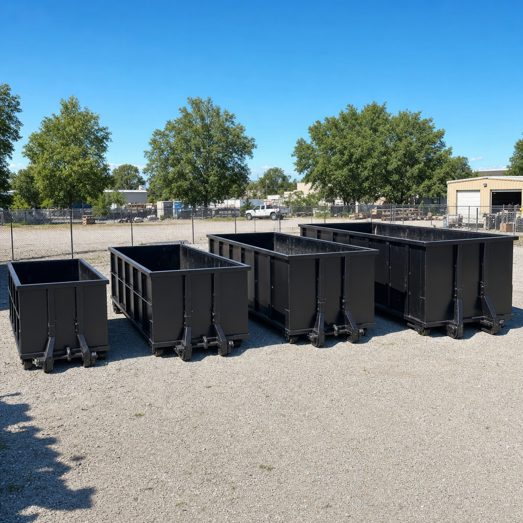 A clean lineup of matte-black roll-off dumpsters in 10, 20, 30, and 40-yard sizes staged on a sunlit gravel yard in Plainfield, showing the size progression from compact to commercial-scale containers.