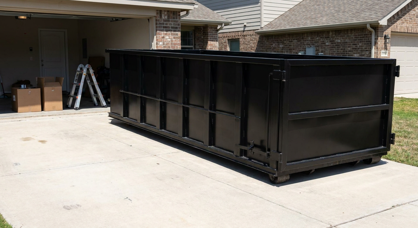 A matte-black 10-yard roll-off dumpster sitting directly on a residential Plainfield concrete driveway, mid-day sunlight, clean and ready for a garage cleanout.