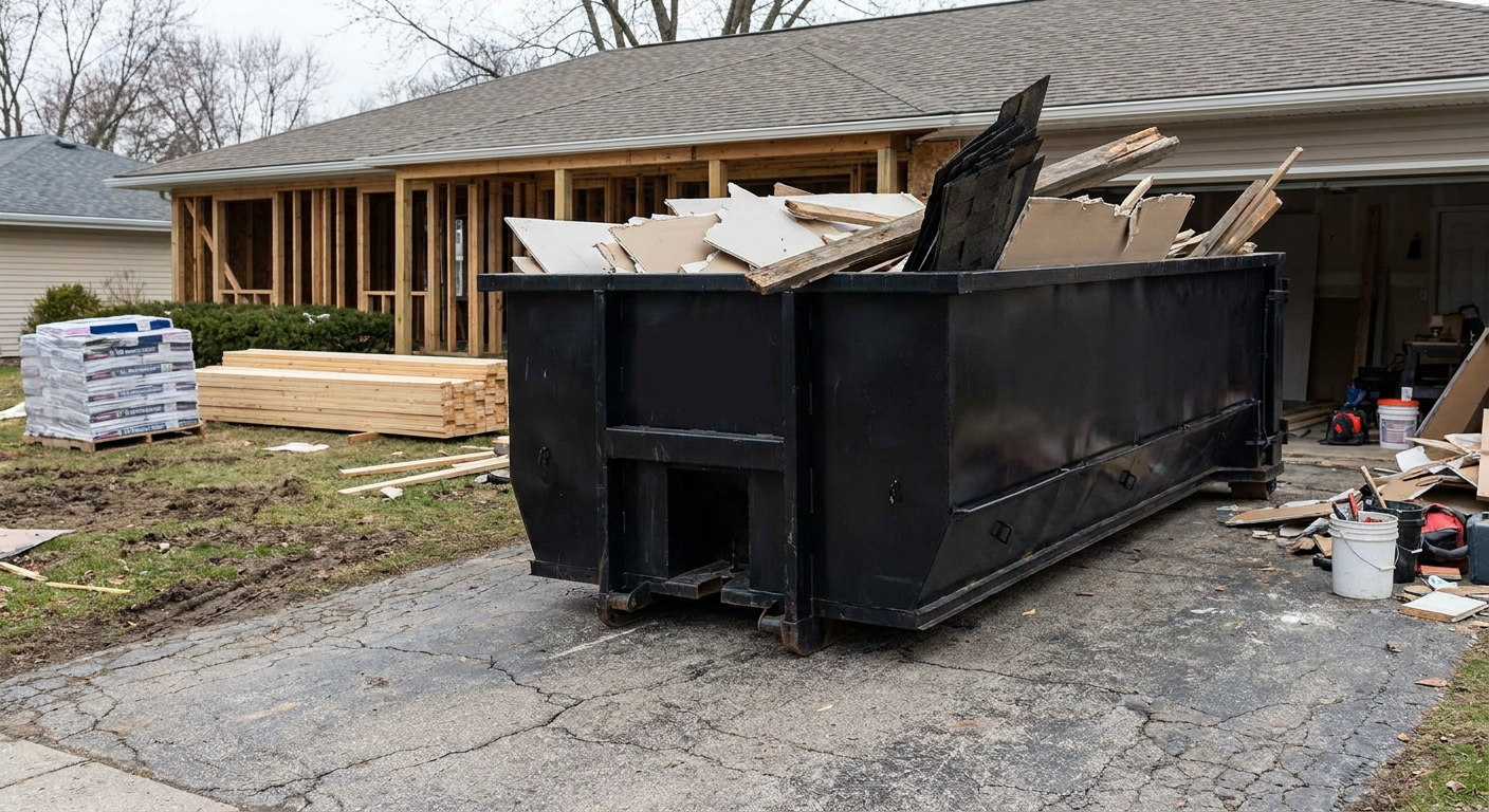 A matte-black 20-yard roll-off dumpster placed alongside a mid-renovation Plainfield home directly on the asphalt driveway, with framing materials and torn-off shingles staged neatly nearby.