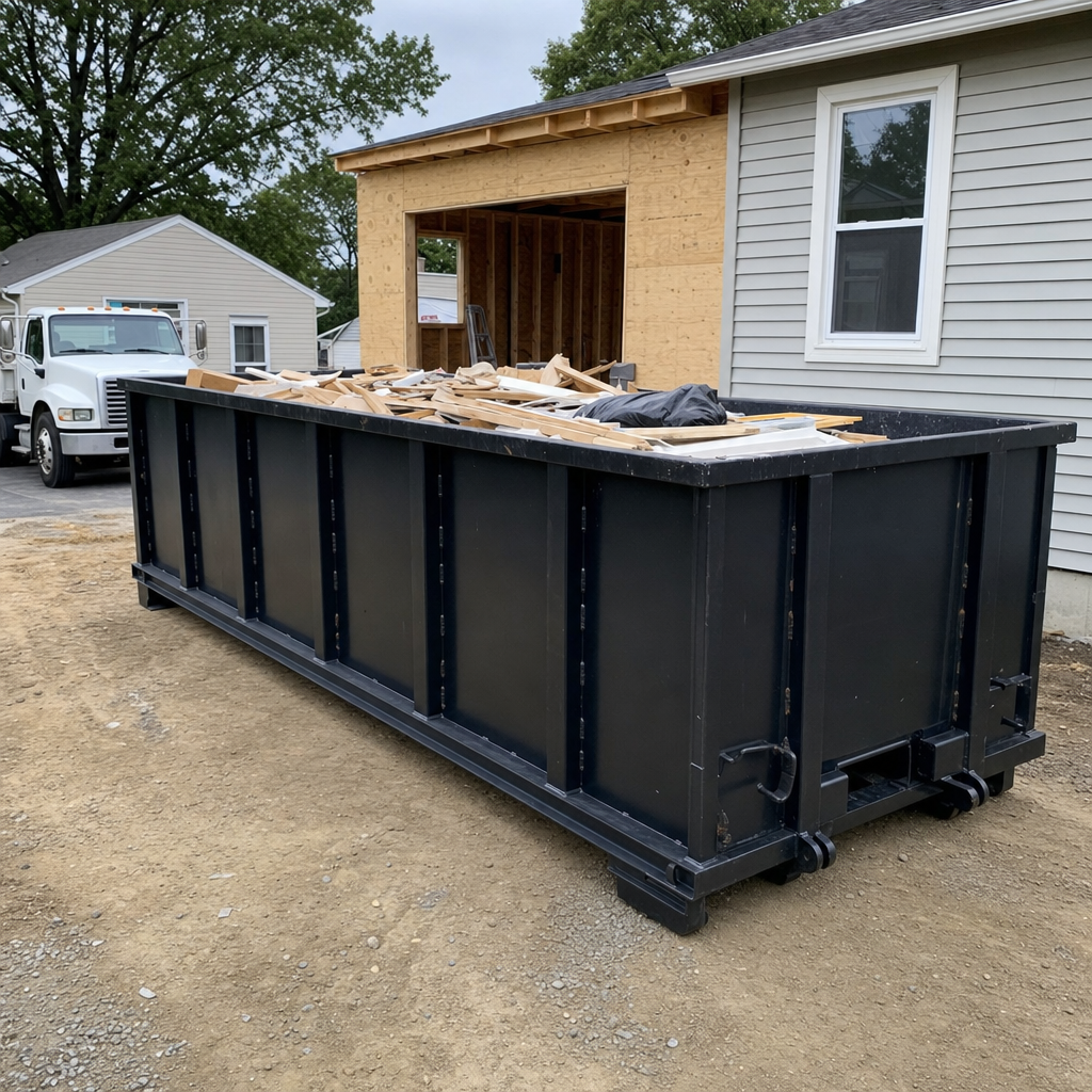 A matte-black 30-yard roll-off dumpster positioned at a Plainfield residential addition jobsite, with framing lumber and drywall scraps loaded through the open swinging rear doors.