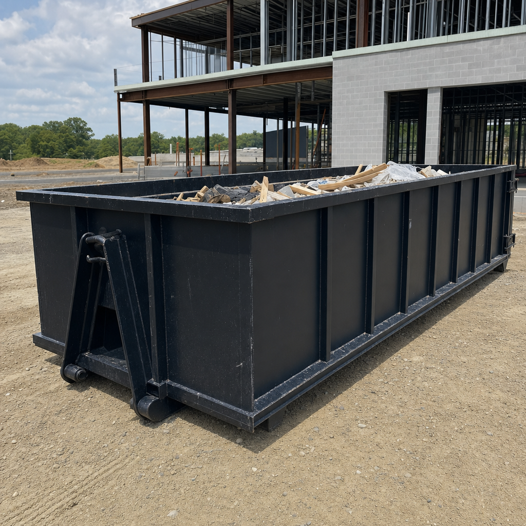 A matte-black 40-yard roll-off dumpster staged on a large Plainfield commercial construction lot, with a hooklift delivery truck parked alongside under bright midday sky.
