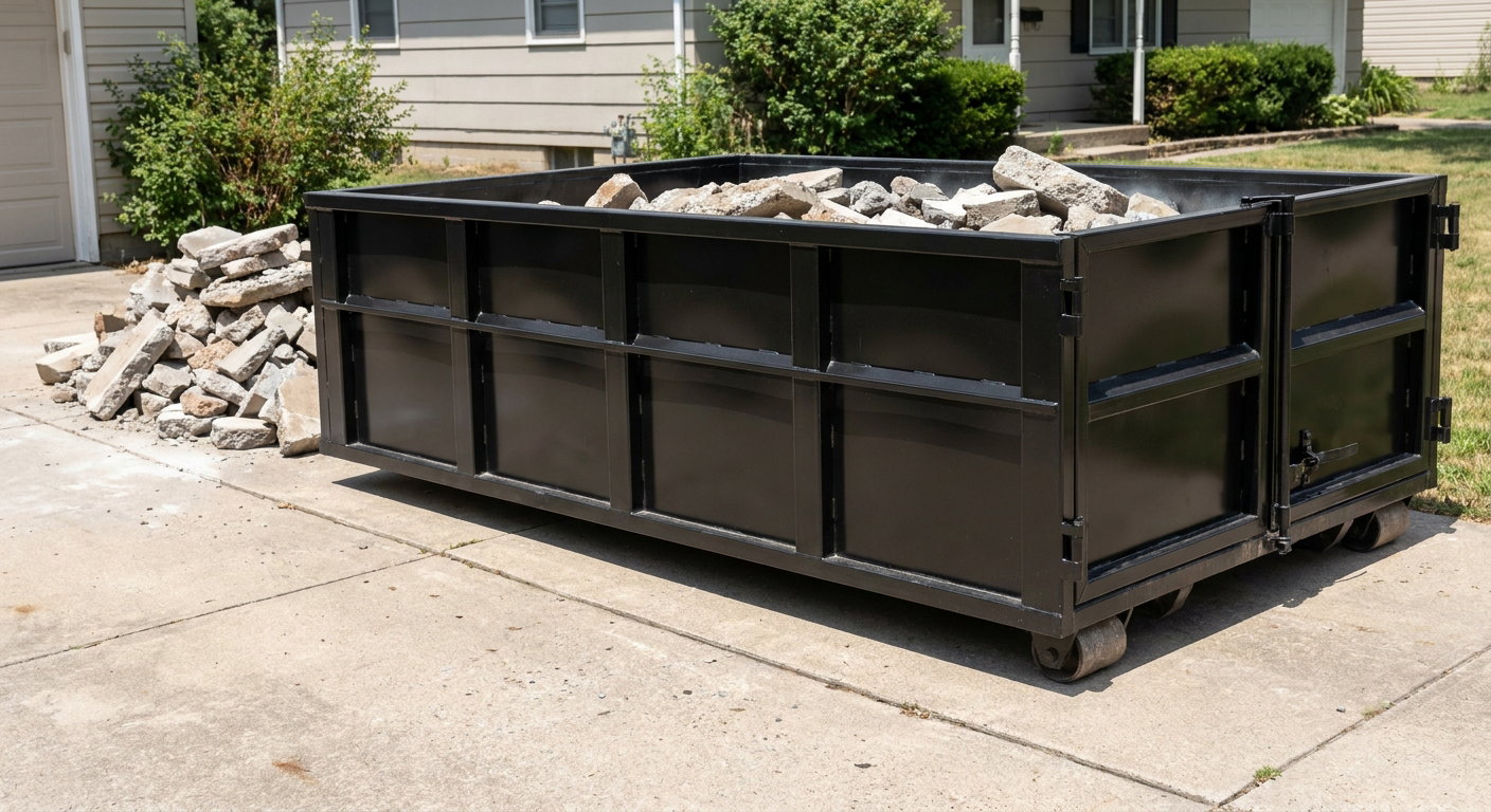 A matte-black low-side heavy-debris roll-off dumpster placed directly on a Plainfield concrete driveway, with broken concrete chunks neatly stacked beside it under clean daylight.